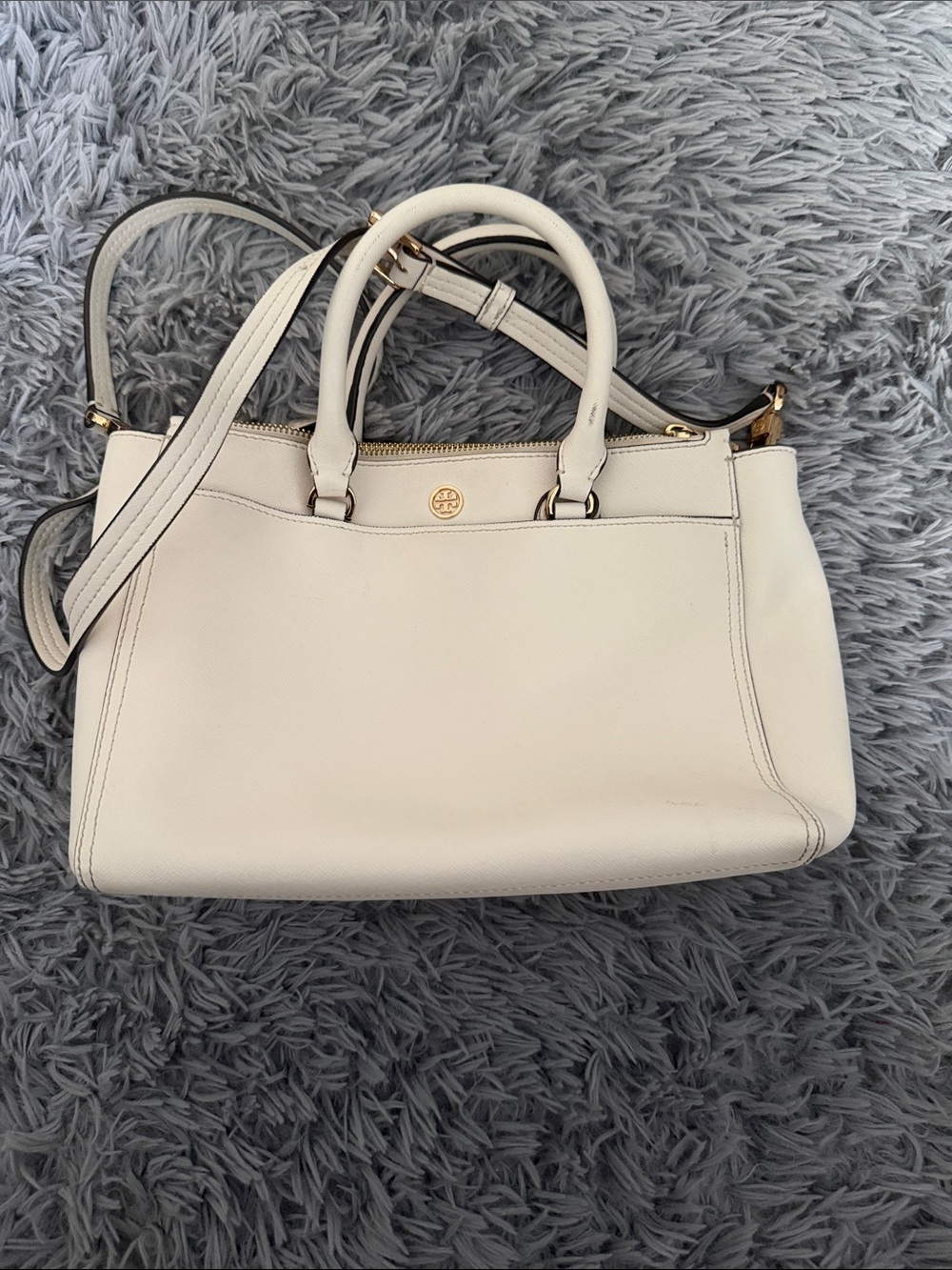 Tory Burch White Leather Satchel with Gold-Tone Logo